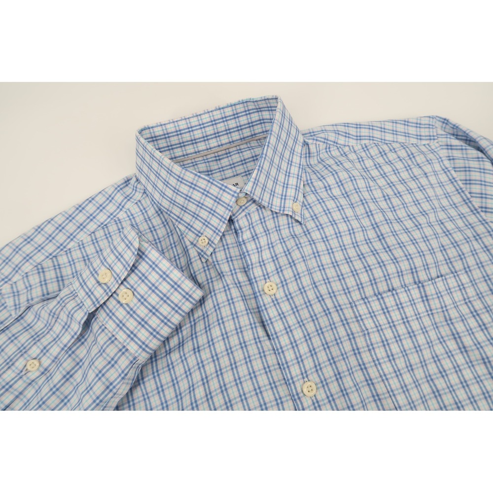 Peter Millar Button Down Shirt Mens Medium Blue Plaid Cotton Silk Long Sleeve